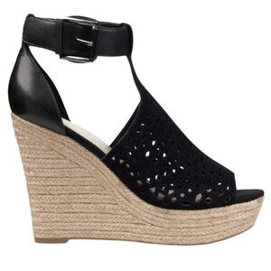 Marc Fisher Sandals Suede Espadrille Wedge Heels Hasina Black Perforated Cutouts